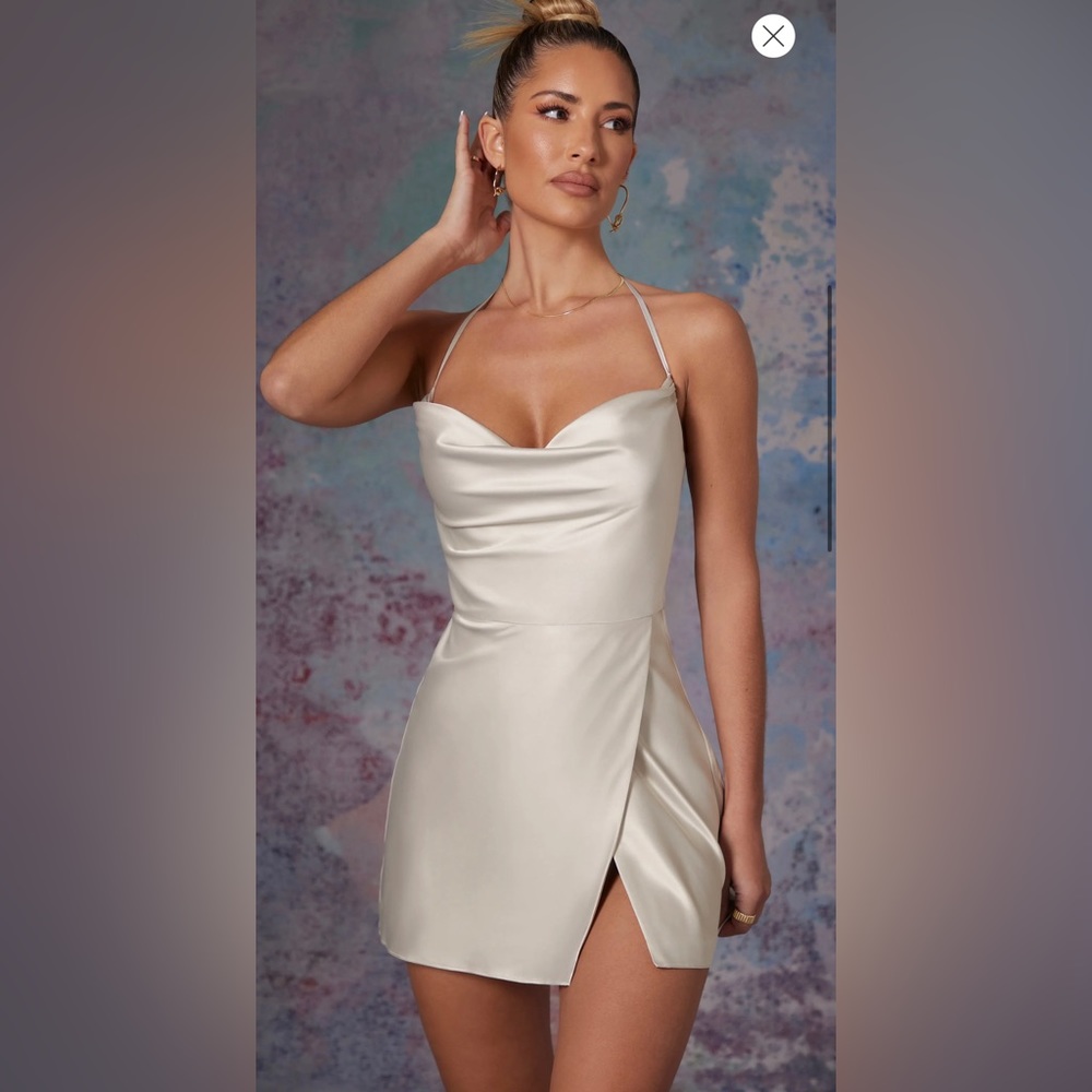 OH POLLY. Cowl Front Wrap Over Mini Dress in Stone